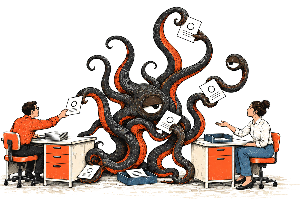 Two people at facing desks pass a form across a gap filled by a dark tangle of arms, each arm holding a document, with one eye watching the handover.