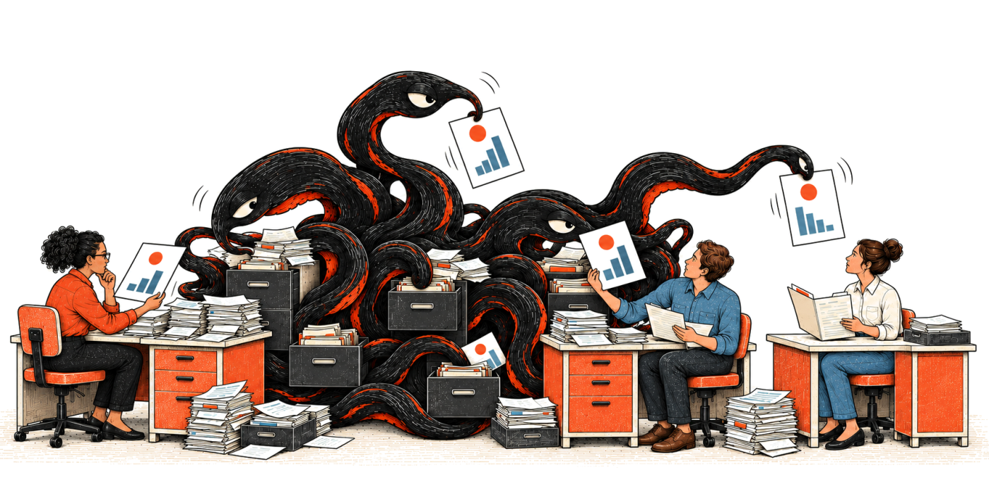 Three people at desks surrounded by open drawers and stacks of reports, while dark coils weave between the cabinets holding up charts.